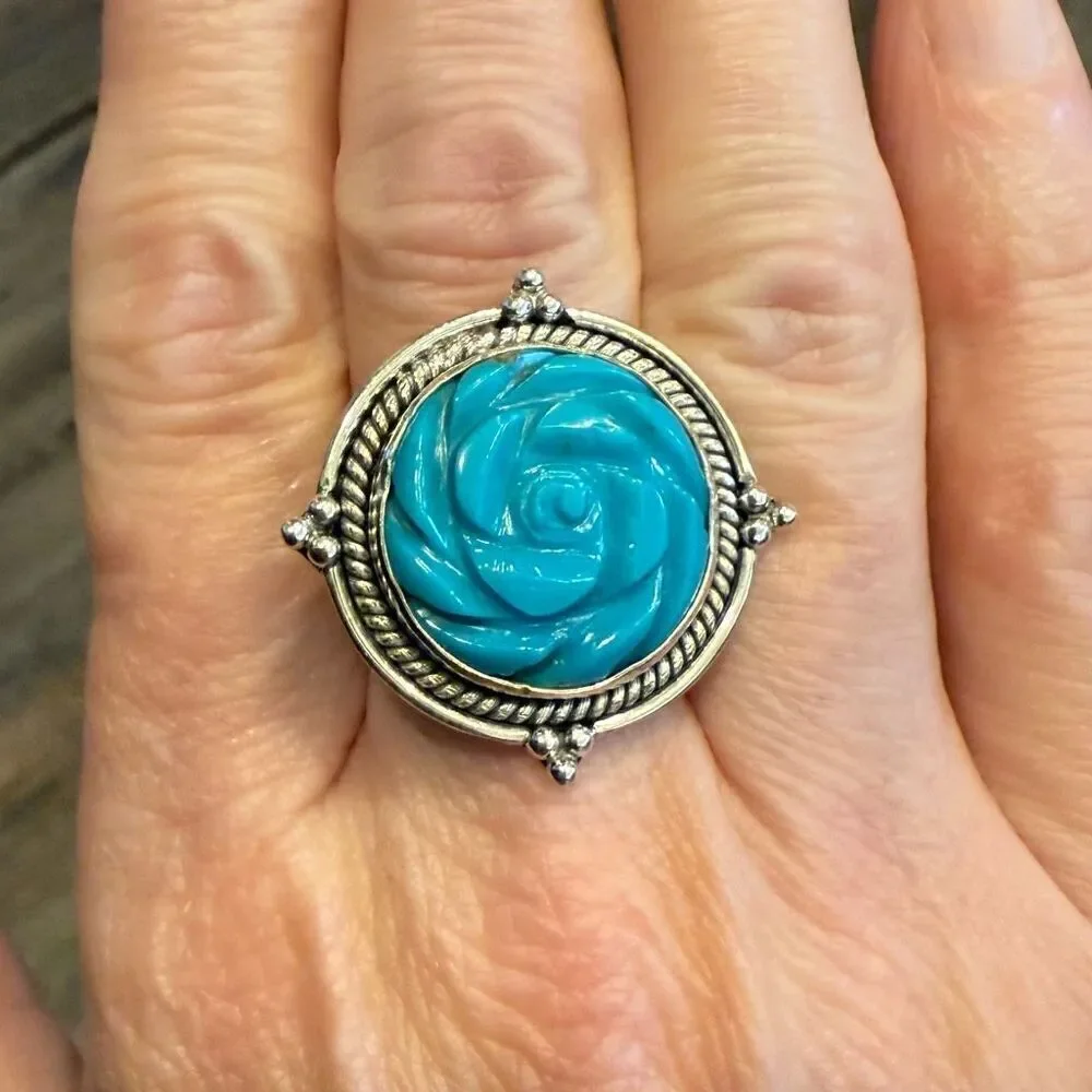Turquoise Carved Rose Flower Round Framed  Statement Ring Sterling Silver New